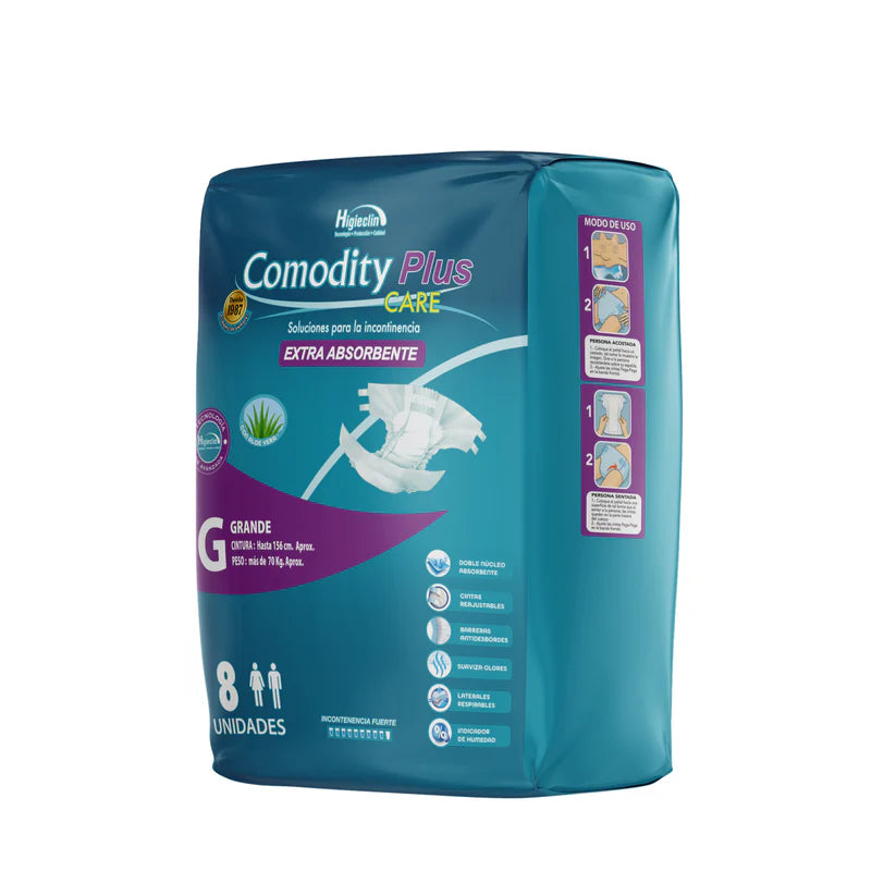 Pañales Adulto Comodity Plus Care Talla G 8 Unidades | Incontinencia Fuerte