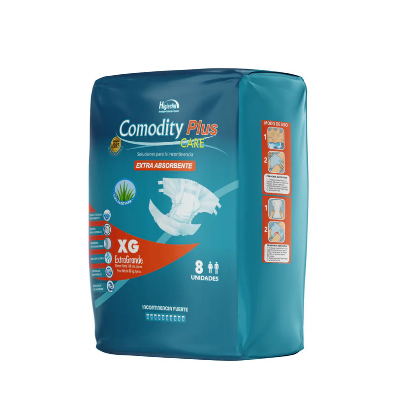 Pañales Adulto Comodity Plus Care Talla XG 8 Unidades | Incontinencia Fuerte