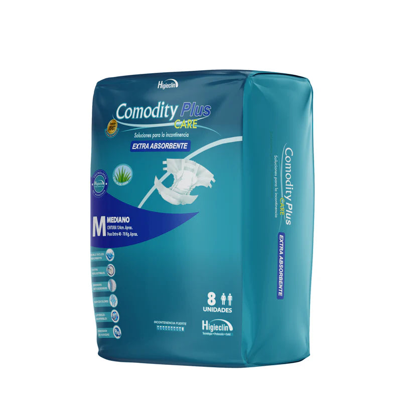 Pañales Adulto Comodity Plus Care Talla M 8 Unidades | Incontinencia Fuerte