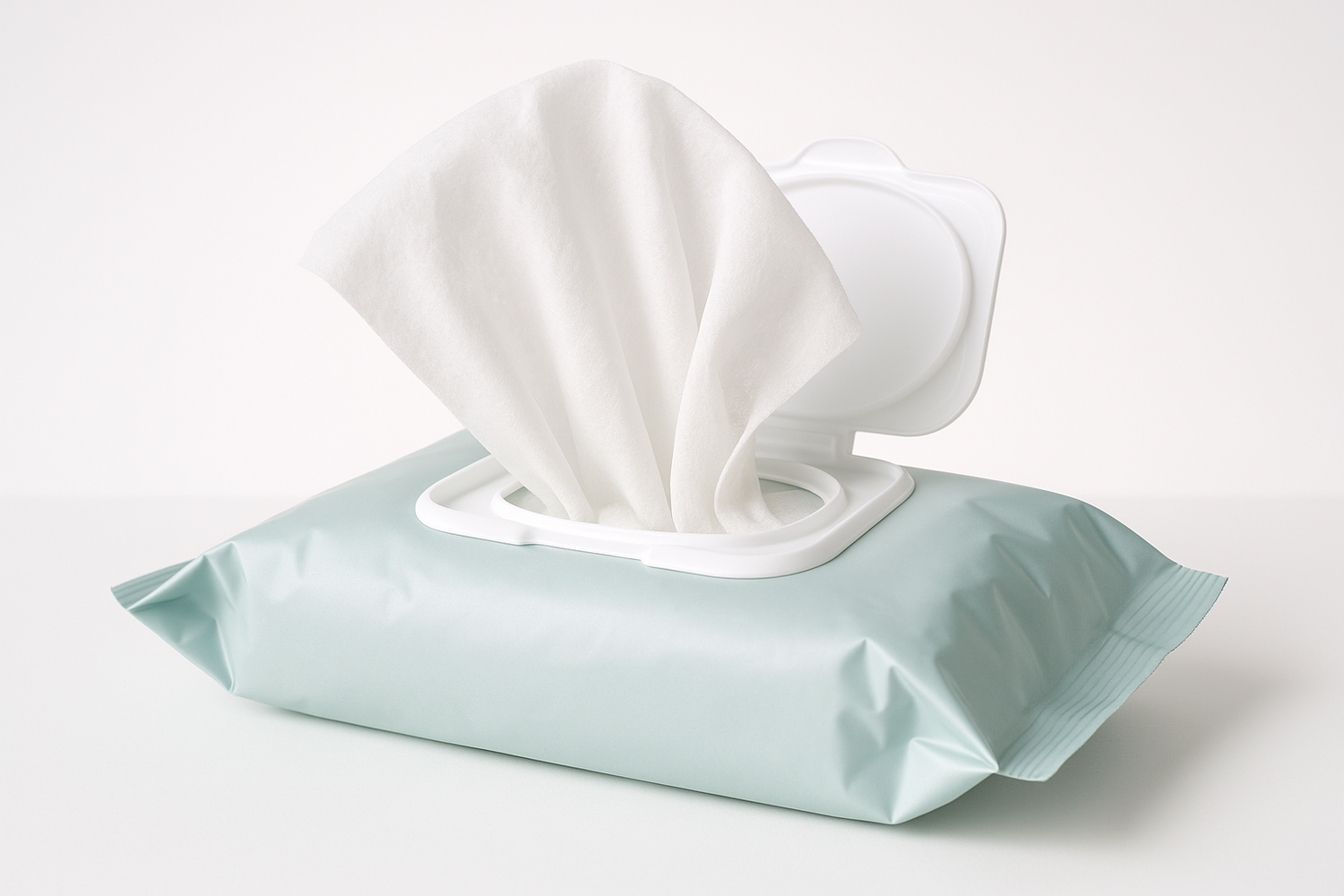 quiero que me generes una imagen de toallas humedas saliendo del empaque 